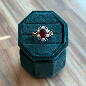 Vintage Avon Faux Pearl and Red Stone Ring Size 5.5